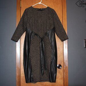 NY & Co Leopard Print Faux Leather Panel Sheath Dress Belted XXL